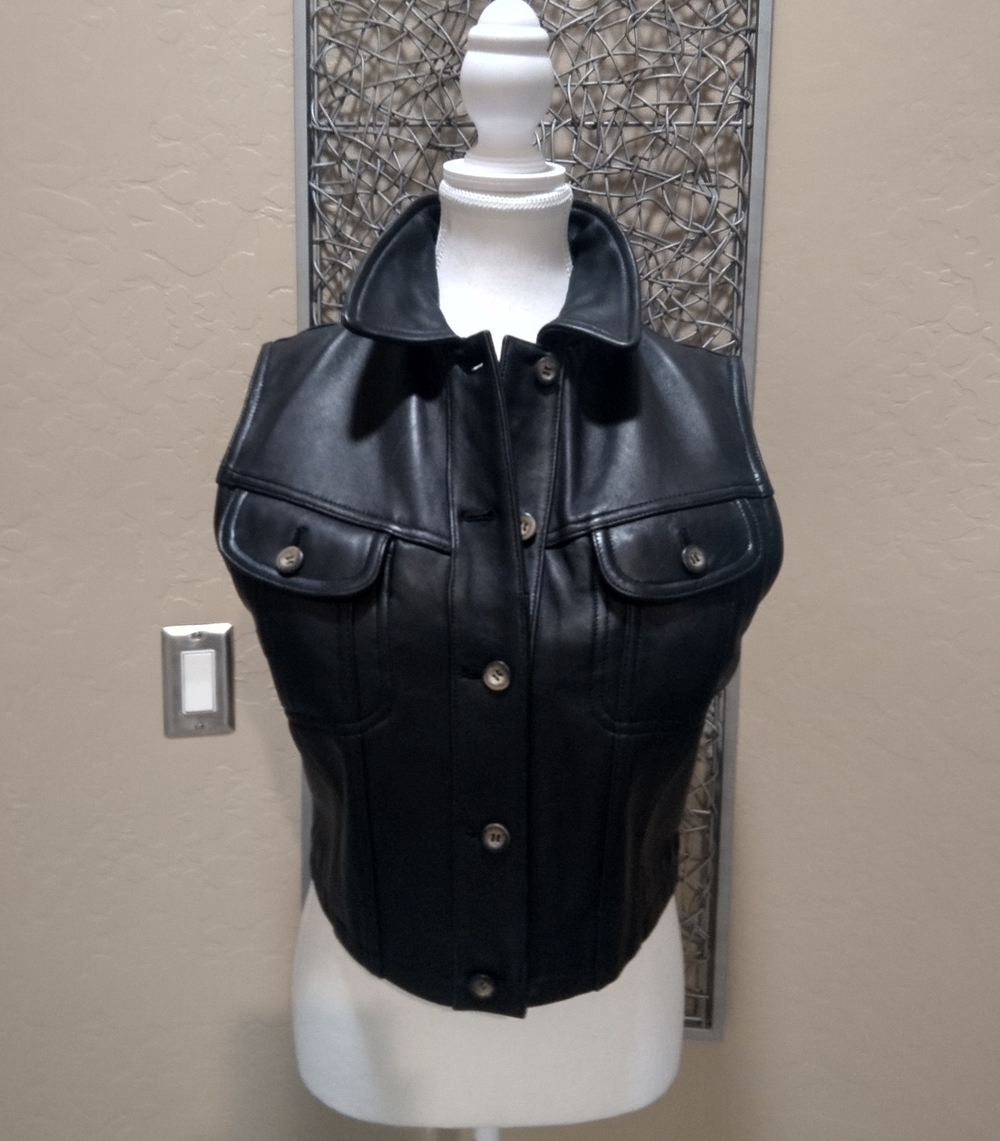 Valerie Stevens Black Leather Lambskin Button Up Vest